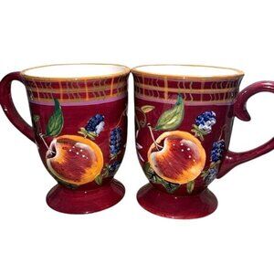 Set Of 2 Caprisware Hand-Painted Ceramic Fruit-Themed Mugs 4.5" Tall Red/Multico